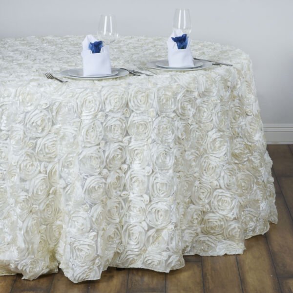 Ivory Ribbon Roses 132" Round Tablecloth Fancy Linens Home Wedding Party Supplies