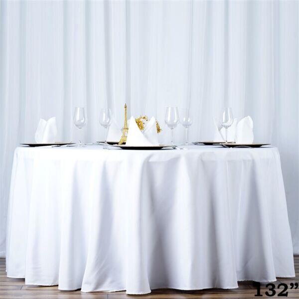 White 132" Premium Round Polyester Tablecloth Tabletop Dinner Home Wedding Party Supplies