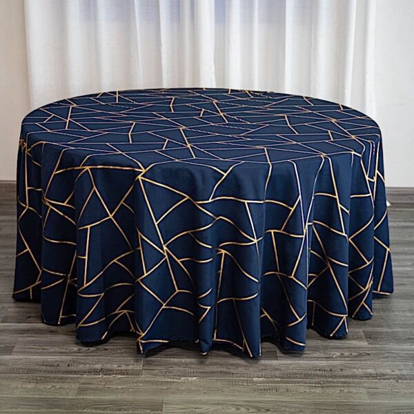 Navy Blue Gold 120" Polyester Round Tablecloth With Geometric Pattern Home Wedding Party Supplies