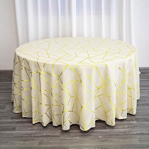 Beige Gold 120" Polyester Round Tablecloth With Geometric Pattern Home Wedding Party Supplies