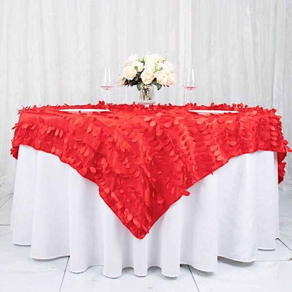 72"X72" Red Taffeta Square Table Overlay 3D Leaves Petals Home Wedding Party Supplies