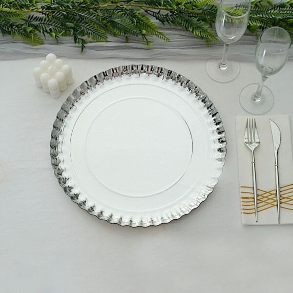 10 13" Silver Round Paper Serving Trays Scalloped Rim Disposable Home Wedding Party Supplies