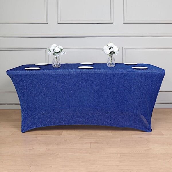 6 Ft Royal Blue Fitted Tablecloth Metallic Tinsel Spandex Table Cover Home Wedding Party Supplies