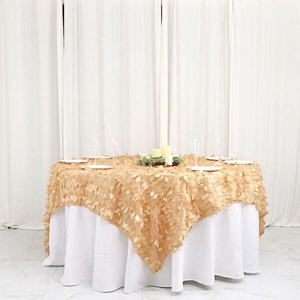 Champagne 90"X90" Taffeta Square Table Overlay Leaf Petals Home Wedding Party Supplies
