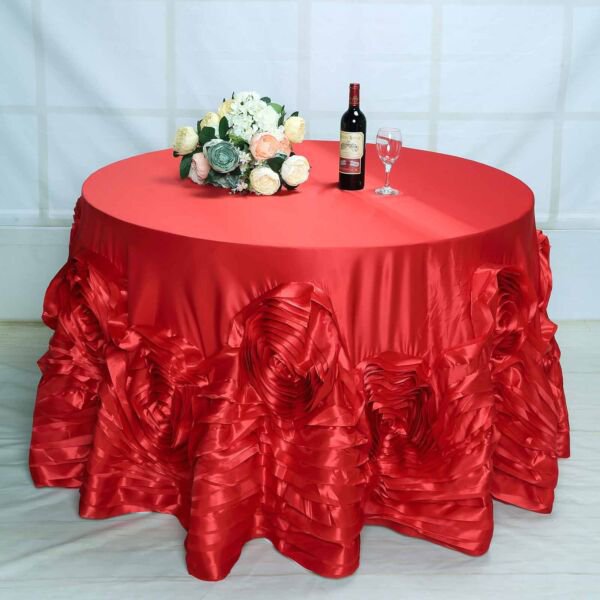 Red 132" Round Large Raised Roses Lamour Satin Tablecloth Home Wedding Party Supplies