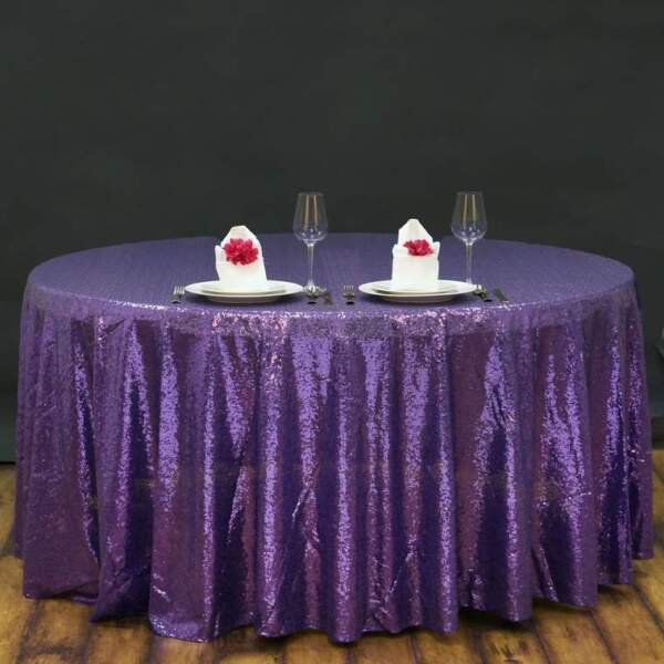 120" Purple Sequin Round Tablecloth Linens Home Wedding Party Supplies