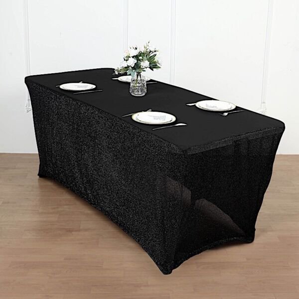 Black 6 Ft Fitted Spandex Tablecloth Ruffled Metallic Table Cover Home Wedding Party Supplies