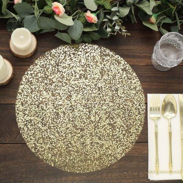 Gold 10 Round 13" Metallic Sequined Polyester Mesh Table Placemats Decorations