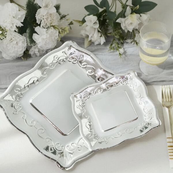 25 Silver 7" Square Paper Dessert Dinner Plates Scroll Rim Decorations
