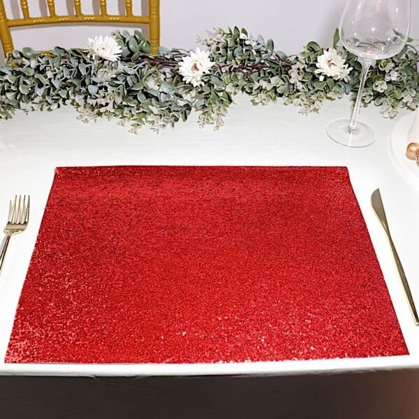 6 Red 16" Rectangle Glittered Faux Leather Placemats Decorations