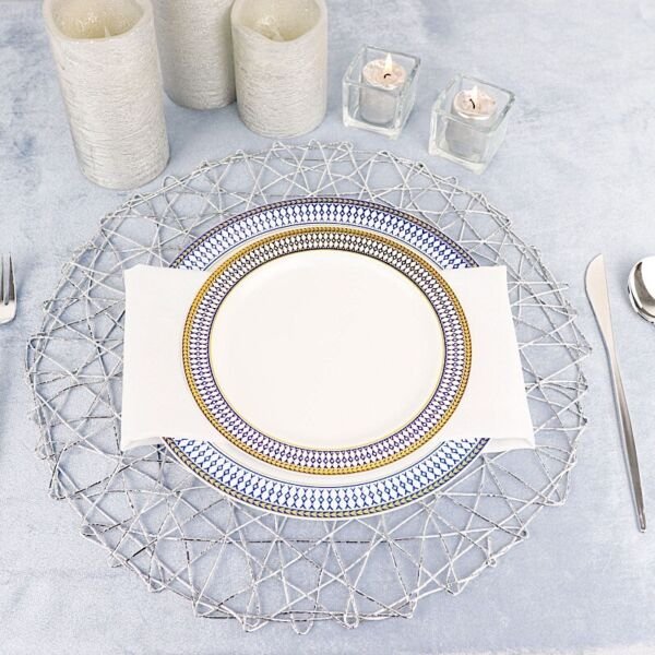 6 Silver 15" Wide Round Metallic String Placemats Wedding Light Gray Decorations
