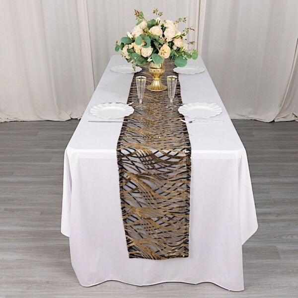 12"X108" Black Gold Mesh Table Runner Wavy Embroidered Sequins Decorations