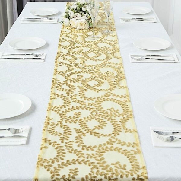 12"X108" Gold Tulle Table Runner Embroidered Leaves Vines Sequins Decorations