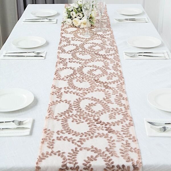 12"X108" Rose Gold Tulle Table Runner Embroidered Leaves Vines Sequins Decorations