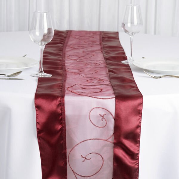 Burgundy Embroidered Table Runner Fancy Wedding Linens Decorations