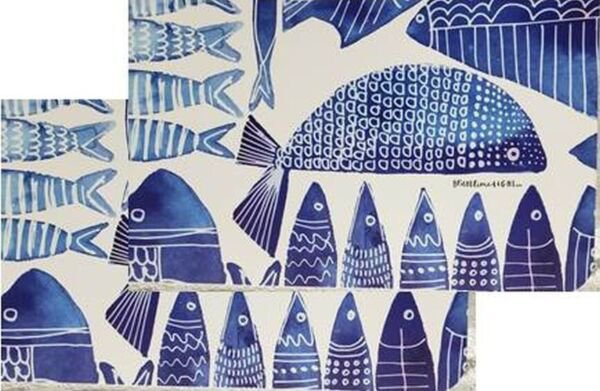 Set Of 2 Same Plastic Non Clear Kitchen 13"X18" Blue Fish Abbott Placemats