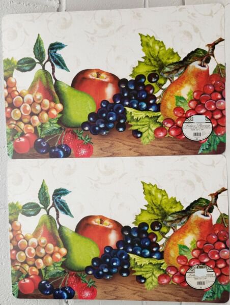 Set Of 2 Same Kitchen Vinyl Foam 12"X18" Fruits On White Placemats