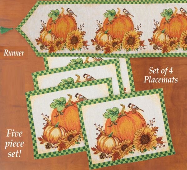 5 Pc Tapestry Set 4 13"X18" 1 Runner 74"X14 Pumpkin Harvest Placemats