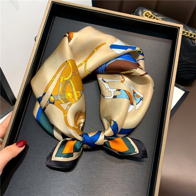 100% Silk Scarf Women Vintage Horse Carriag Kerchief Small Square Bandana 53cm