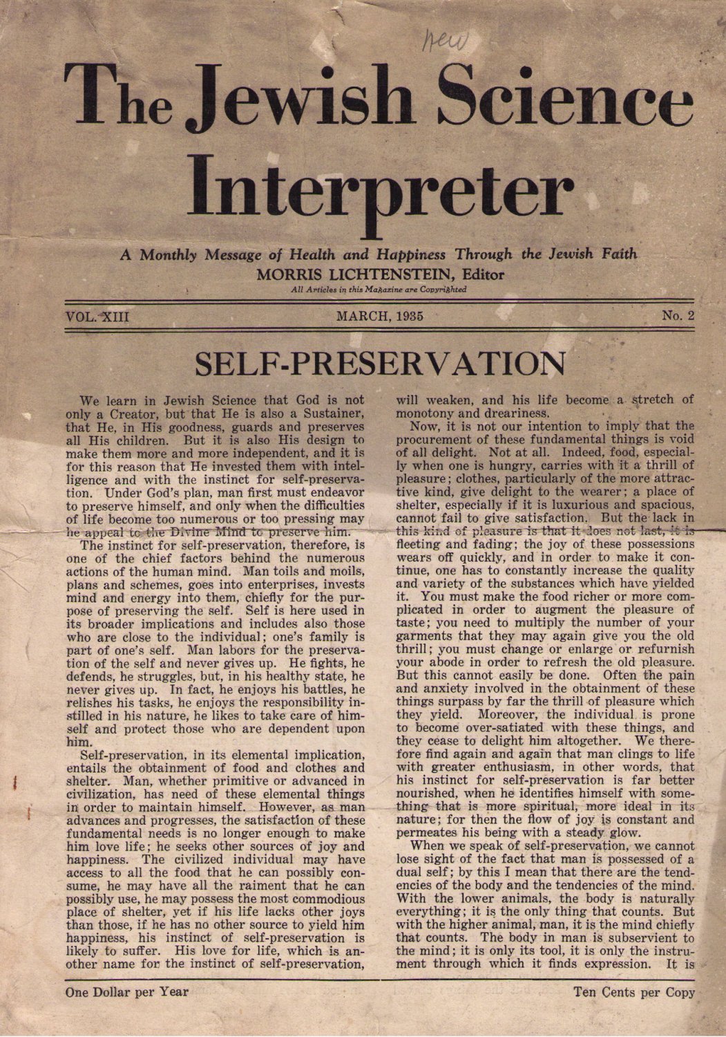 The Jewish Science Interpreter, New York, NY, 1935 [Newspaper]