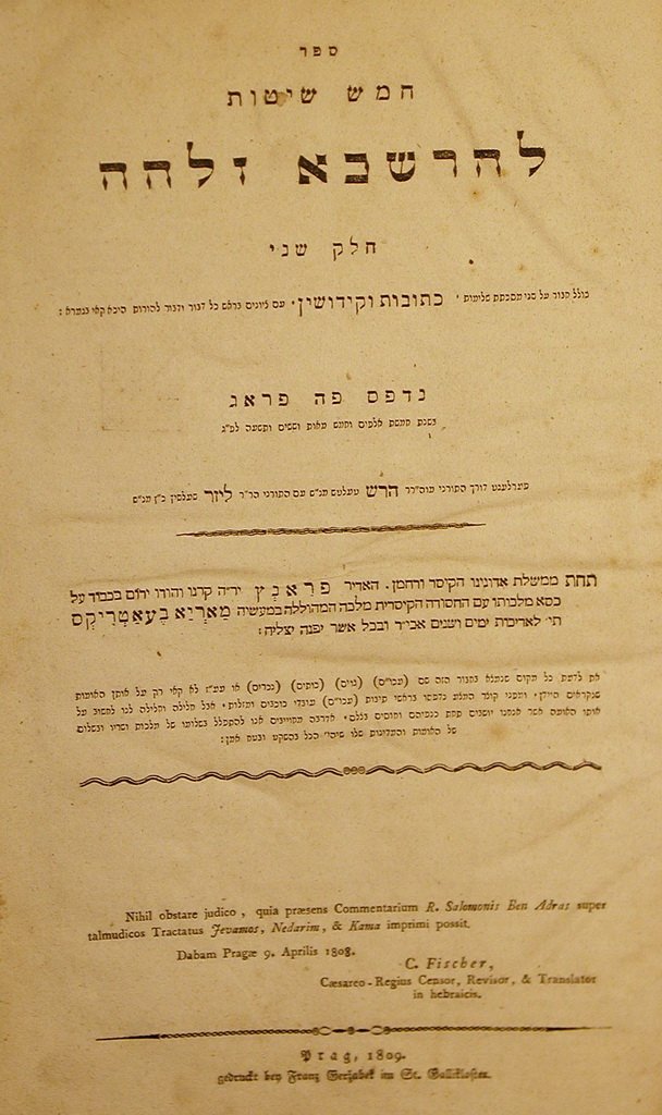 Chamesh Shitot lehaRashba Zlaa, Prague, 1809 [Book]