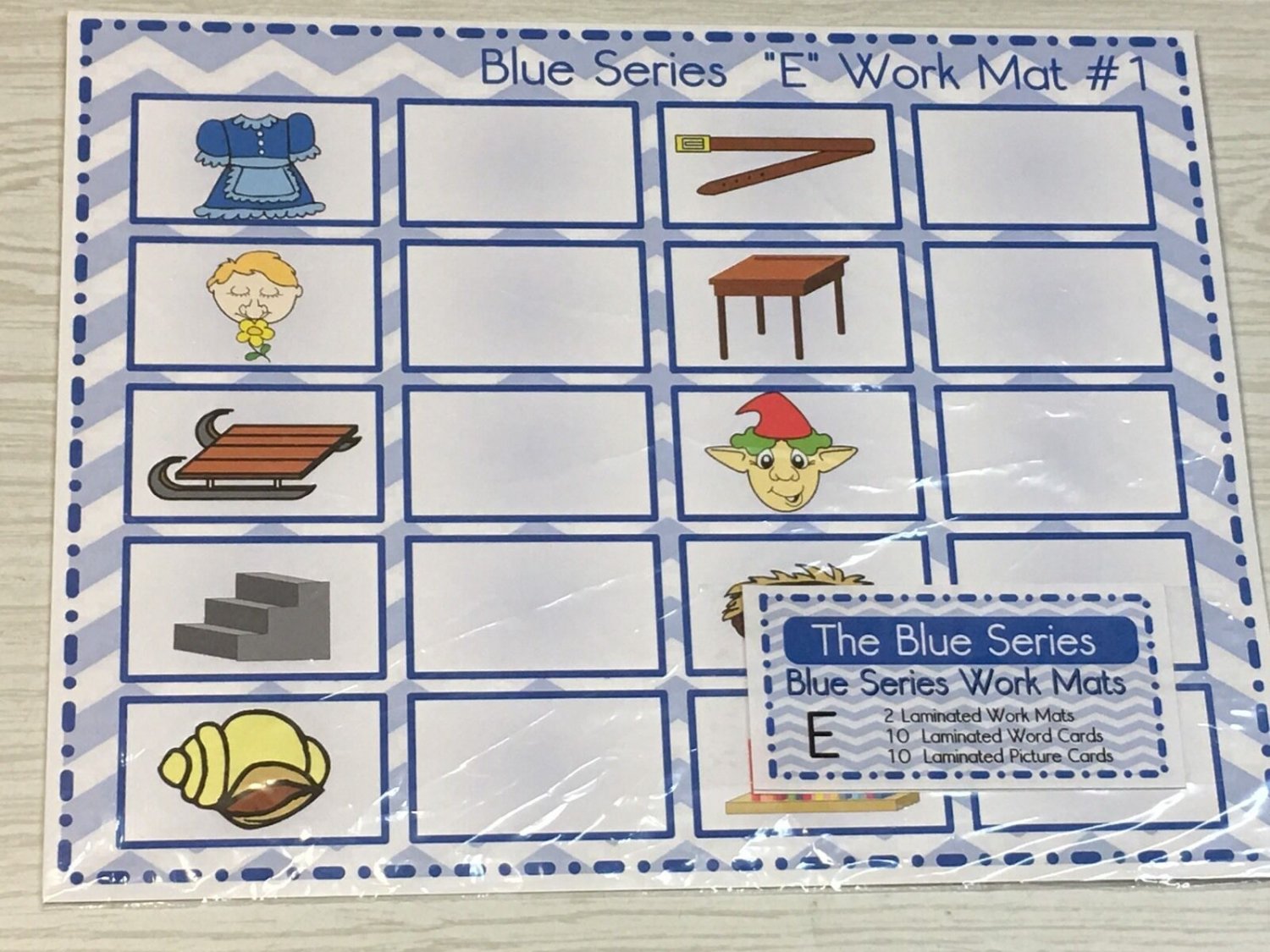 The Blue Series - Vowel E WorkMats  (20 cards-2 Laminated WorkMats) Montessori