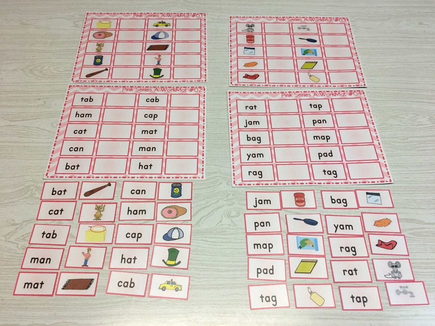 The Pink Series - Complete - Vowel Set - Laminated Mats And Card Sets Montessori