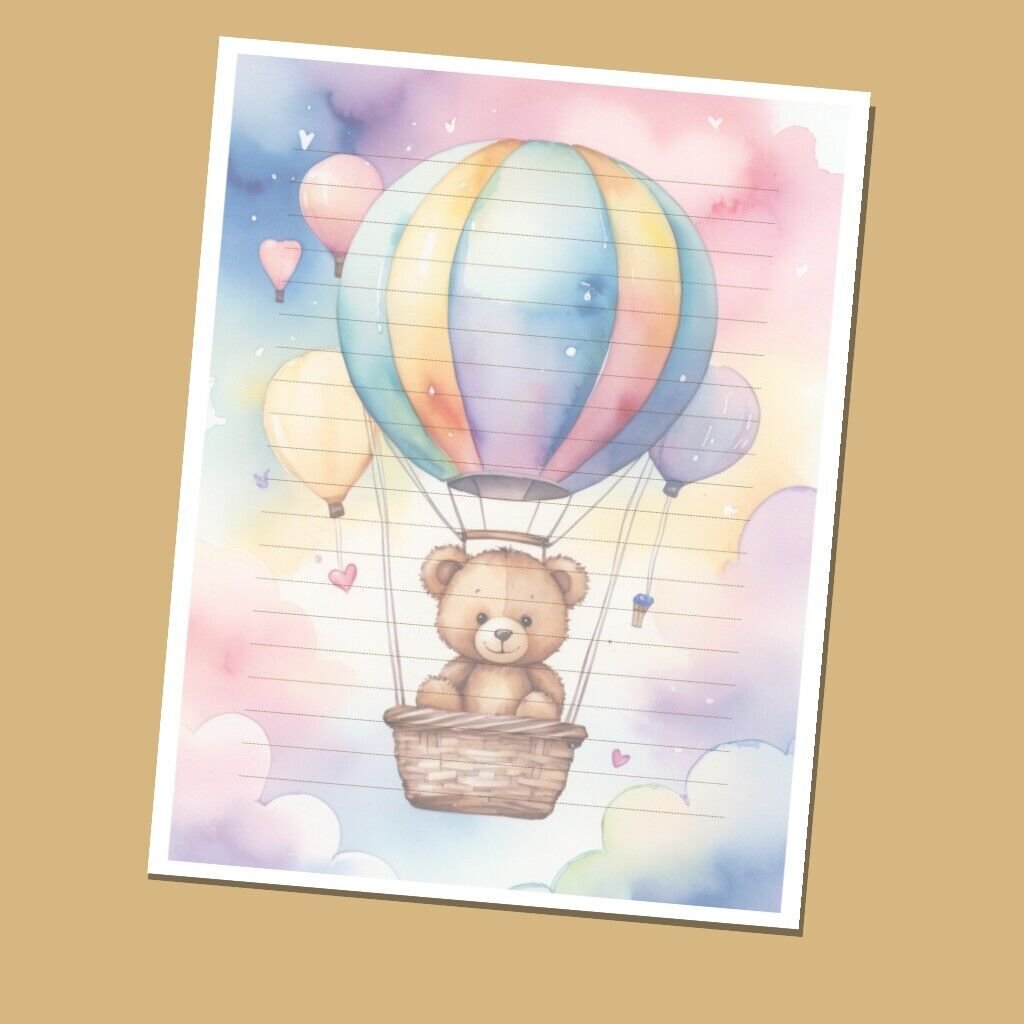 Bear&acirc;��s Balloon - Lined Stationery Paper (25 Sheets)  8.5 x 11 Premium Paper