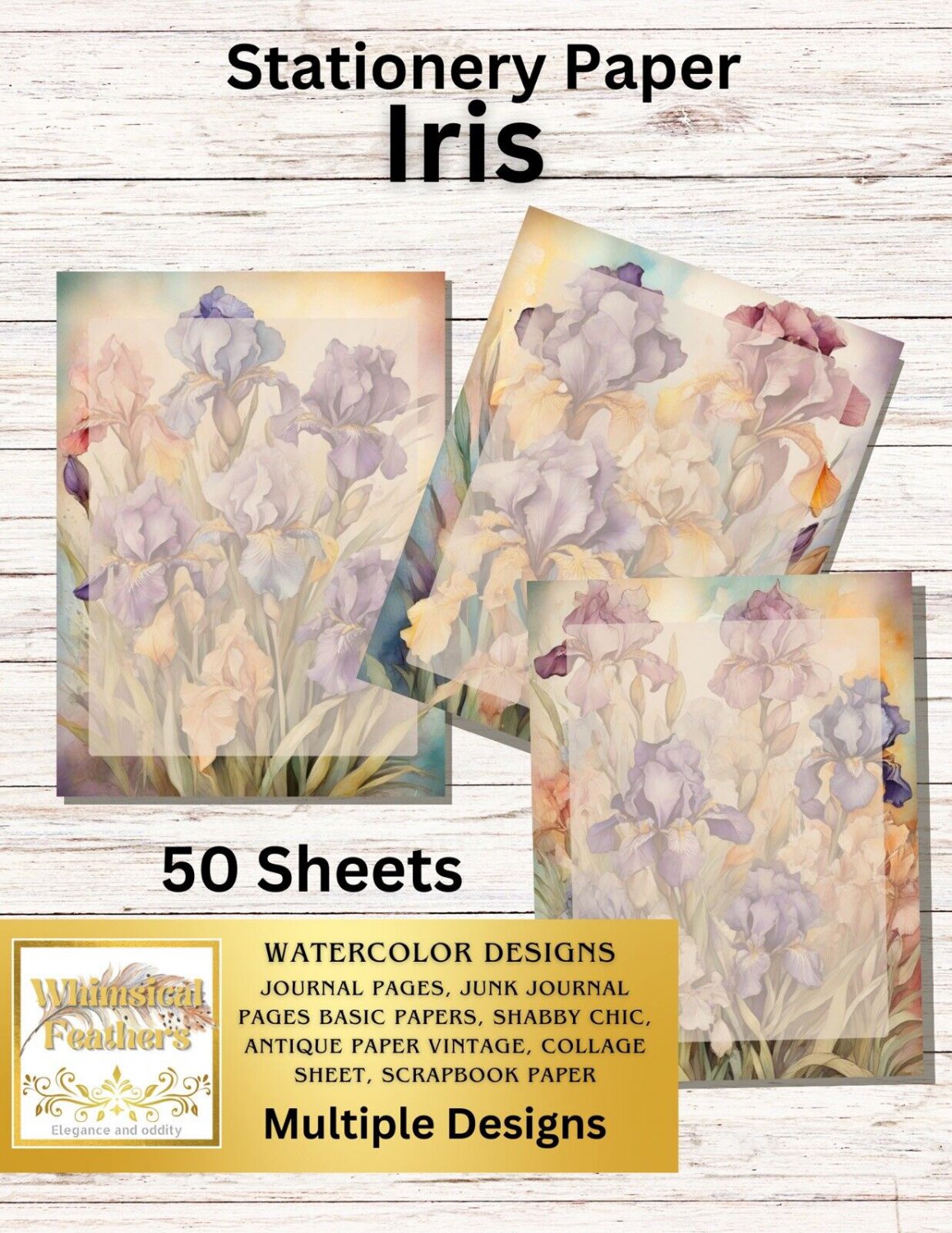 Iris Stationery  Set  - Watercolor Design - Writing Papers 50 Sheets