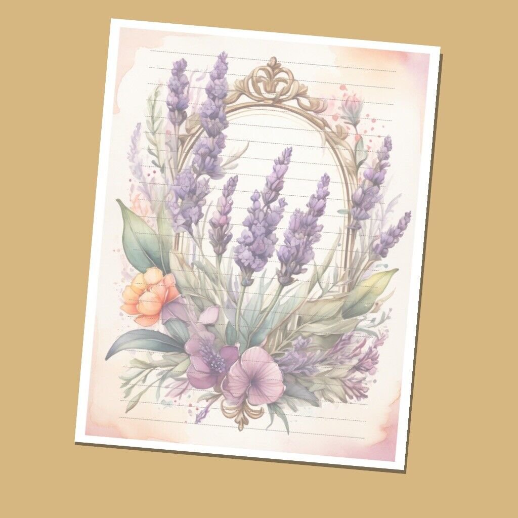 Lavender Design - Lined Stationery Paper (25 Sheets)  8.5 x 11 Premium Paper