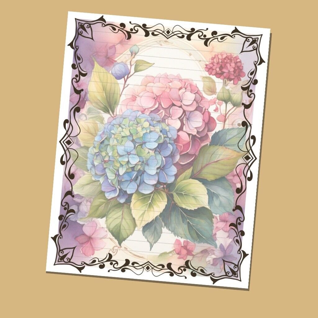 Hydrangeas 2 - Lined Stationery Paper (25 Sheets)  8.5 x 11 Premium Paper