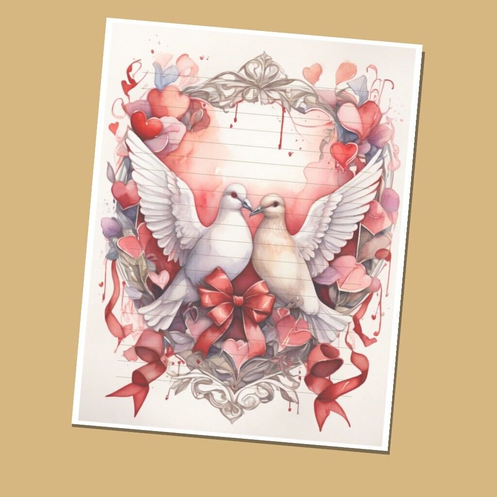 Valentine Doves - Lined Stationery Paper (25 Sheets)  8.5 x 11 Premium Paper