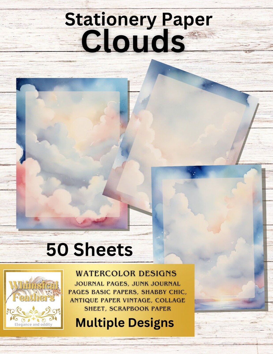 Clouds  - Stationery  Set  - Watercolor Design - Writing Papers 50 Sheets