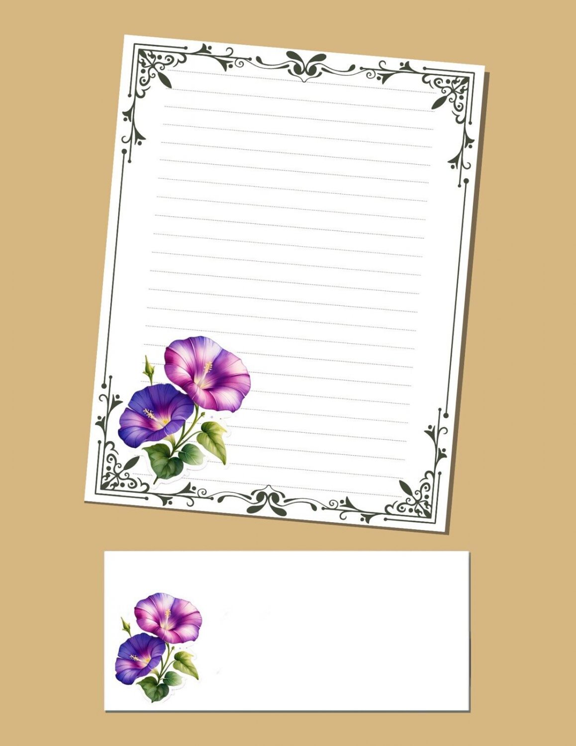 Morning Glory with border- Stationery Set - Lined Writing Paper and Envelopes