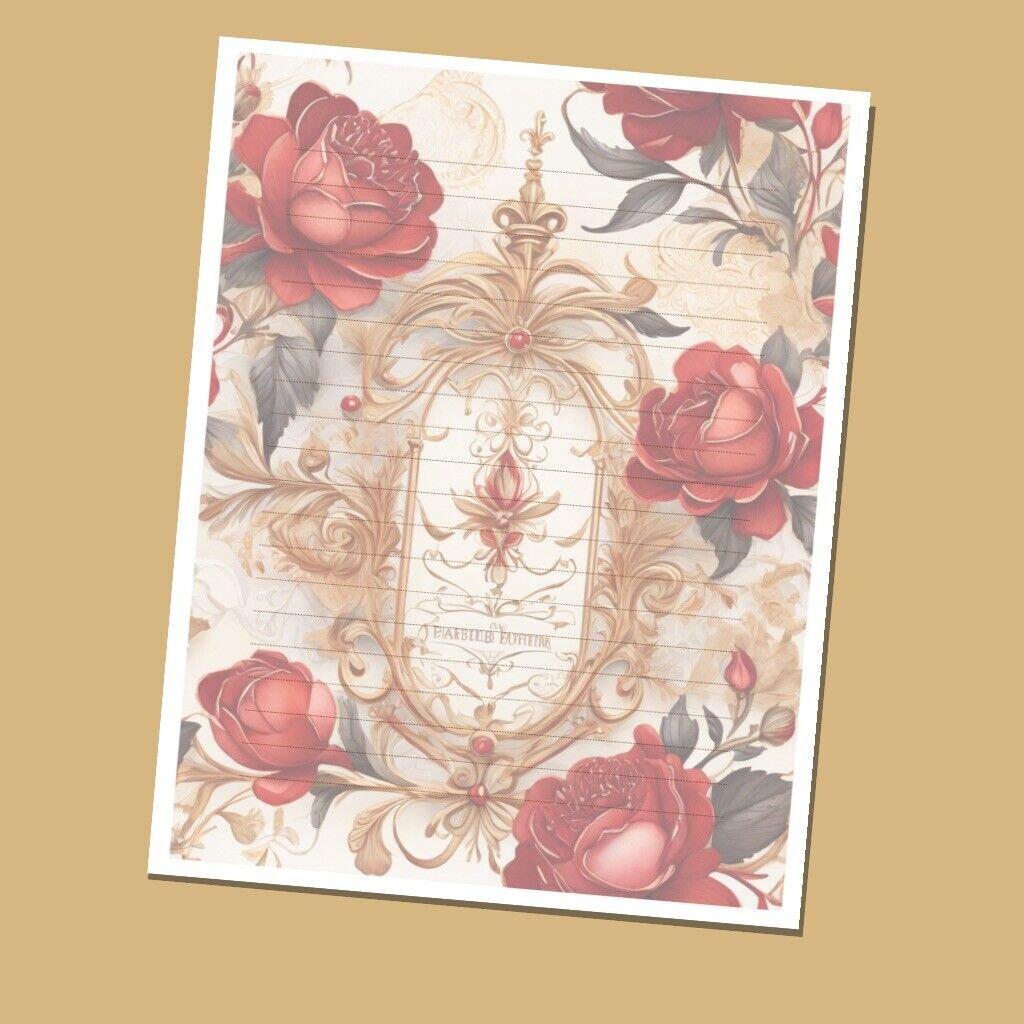 Red & Gold - Lined Stationery Paper (25 Sheets)  8.5 x 11 Premium Paper