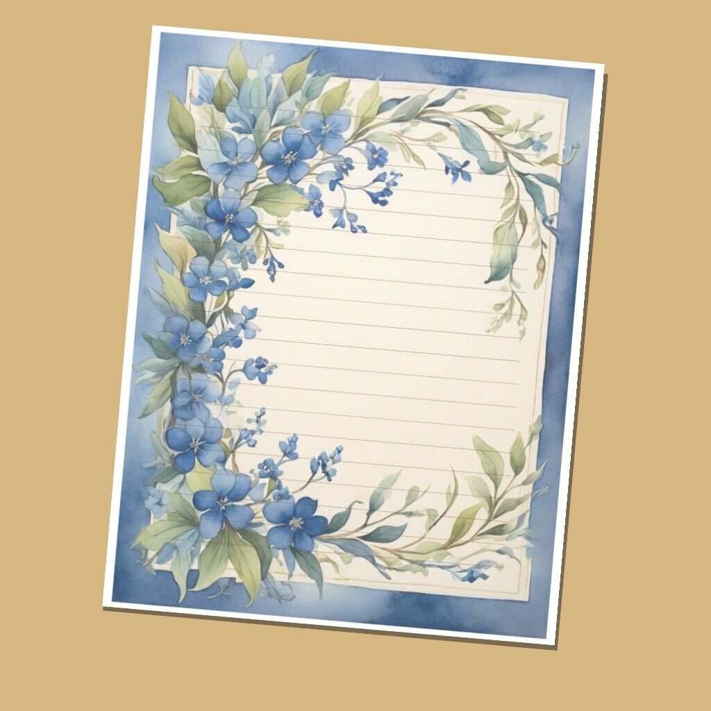 Florals Blue Border - Lined Stationery Paper (25 Sheets)  8.5 x 11 Premium Paper
