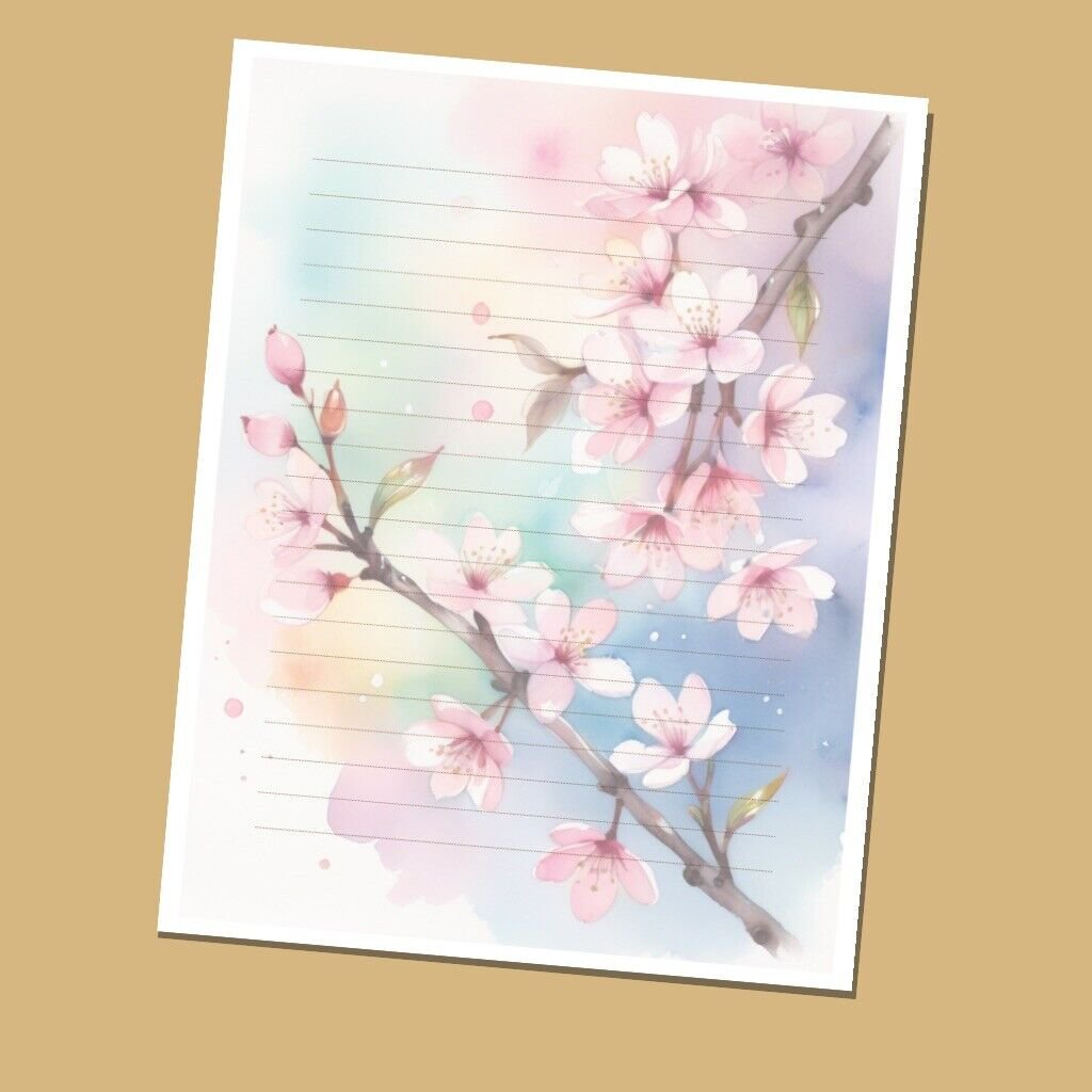 Cherry Blossoms - Lined Stationery Paper (25 Sheets)  8.5 x 11 Premium Paper