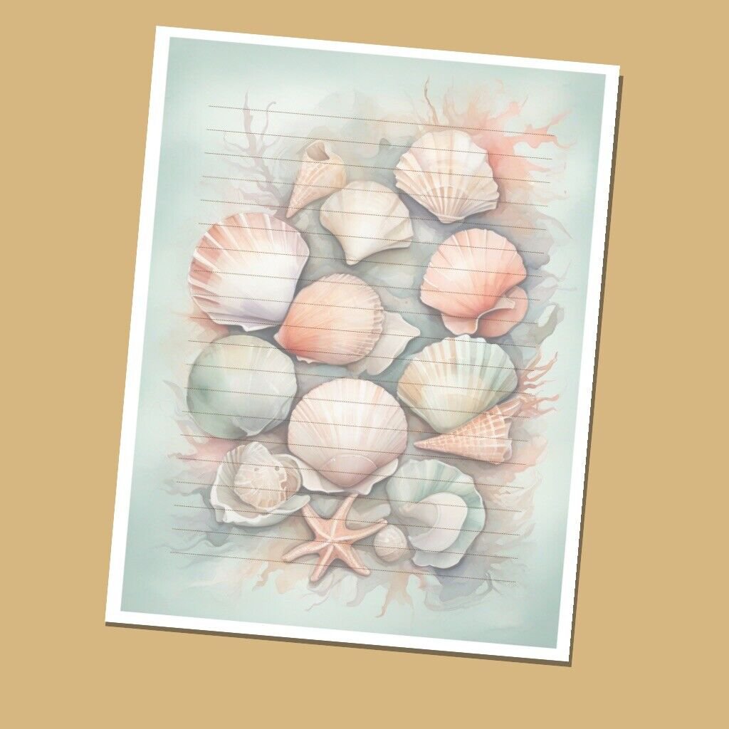 Seashells Sea Green- Lined Stationery Paper (25 Sheets)  8.5 x 11 Premium Paper