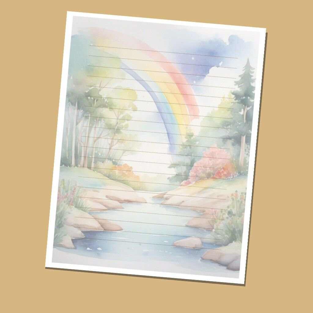 Rainbow Scenery - Lined Stationery Paper (25 Sheets)  8.5 x 11 Premium Paper