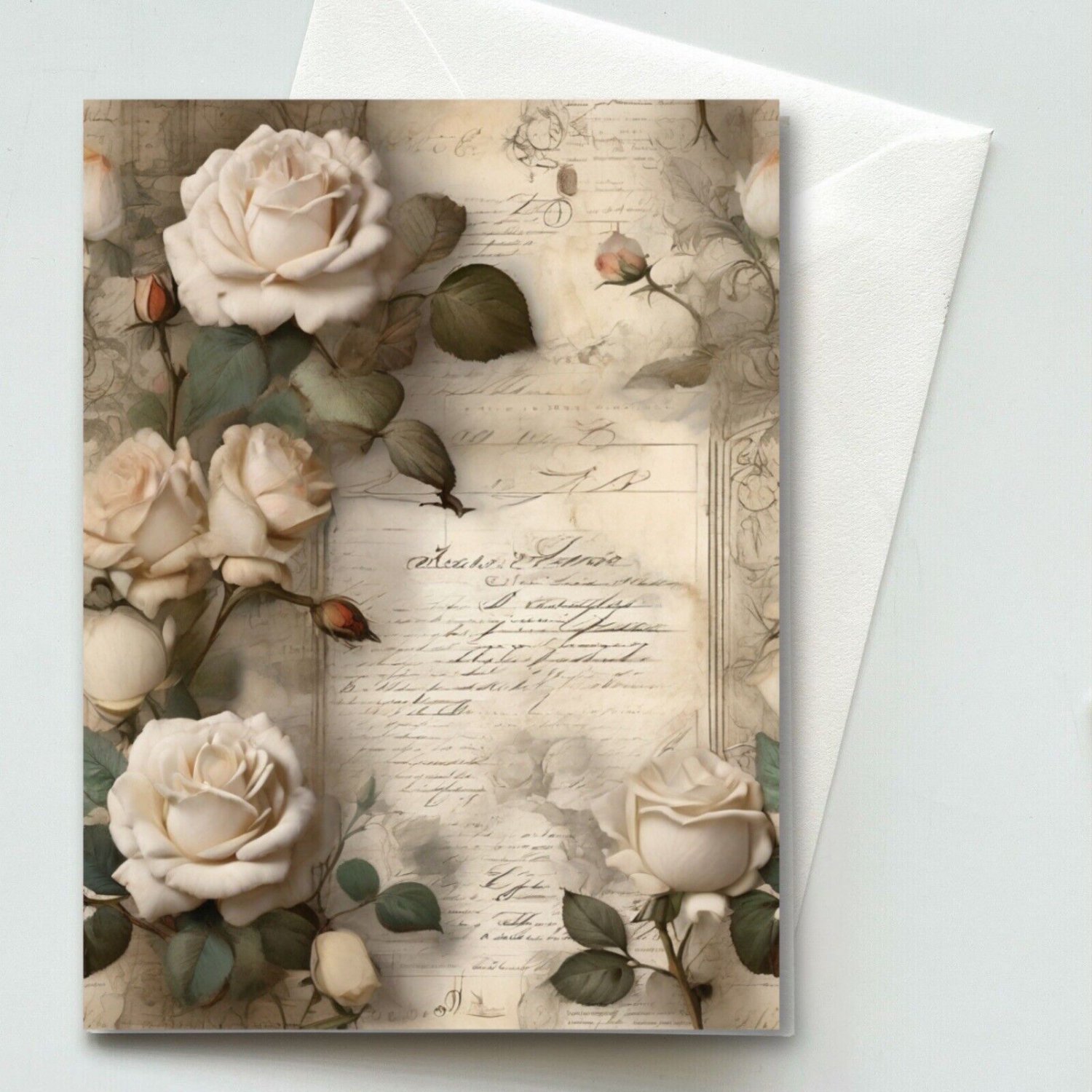 White Roses #1 Greeting Card & Envelope -  Watercolor Illustration - Blank A2