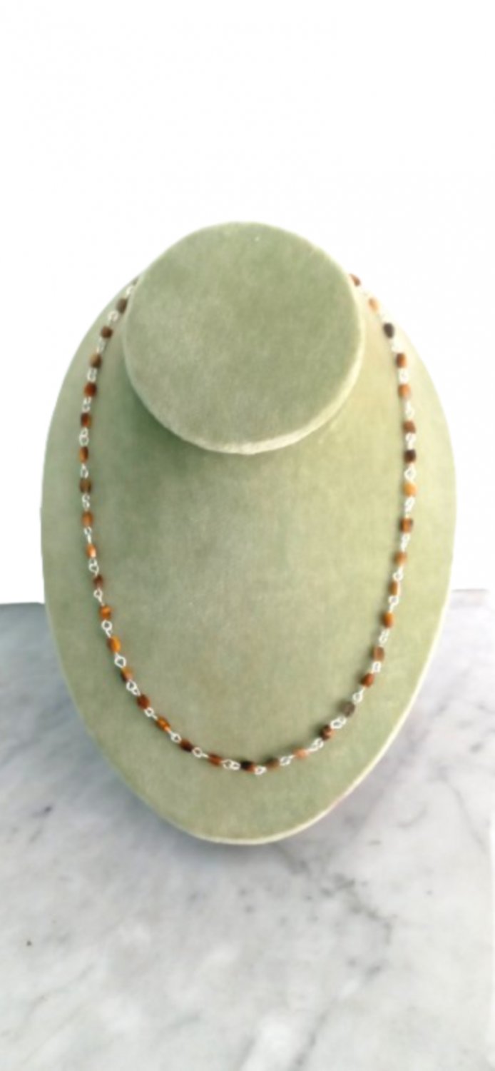 Tiger's eye beaded chain necklace silver alloy In gift pouch Made in Italy