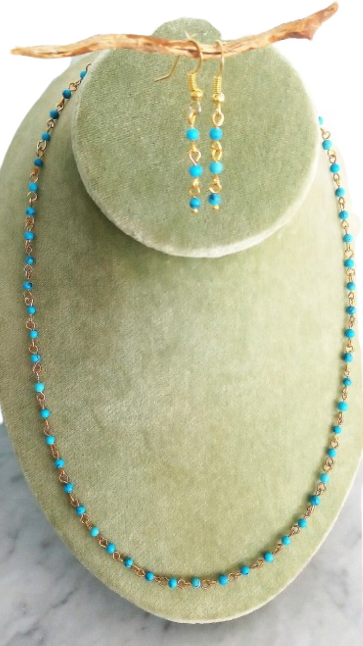 Turquoise beaded gemstone chain necklace with matching dangling earrings