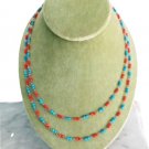 Double strand Red Coral & Turquoise beaded gemstone chain opera layered necklace
