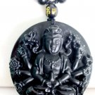 Buddhist rosary necklace with beads and round pendant in black obsidian Mala Kannon