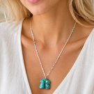 Necklace chain in white gold 18K GP Heche link bar style with 2 horses pendant in green malachite Necklace chain in white gold 18K GP Heche link bar style with 2 horses pendant in green malachite