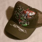 ED HARDY KOI FISH RHINESTONE TRUCKER HAT "OLIVE"