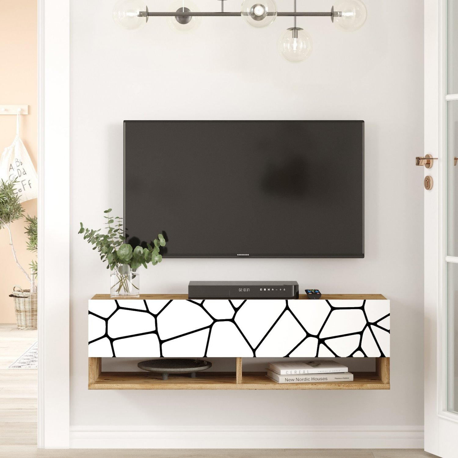 Future TV Unit Cobble Pine-White UV Print 40 inches Floating Entertainment Cent