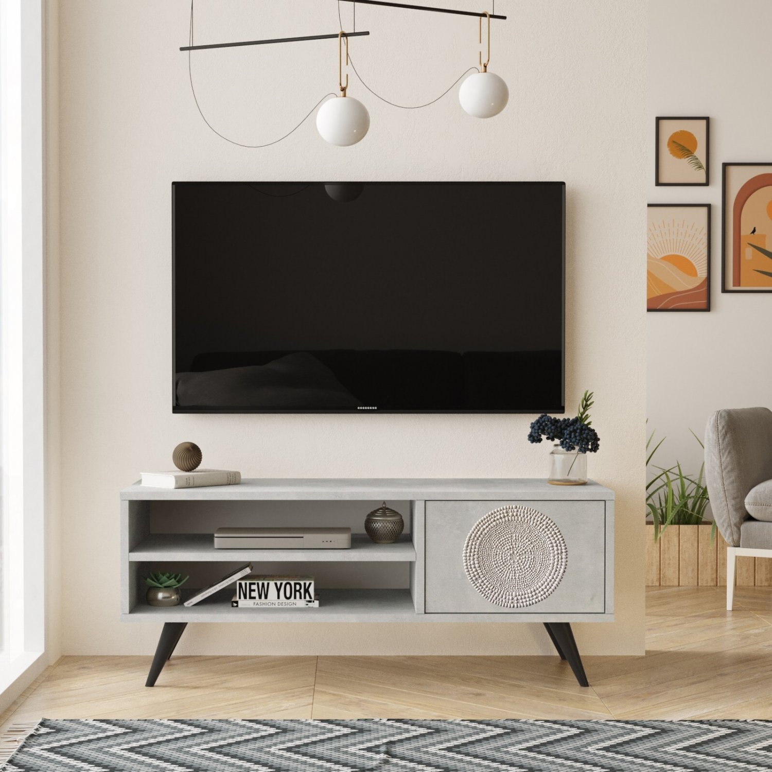 Cloud TV Unit Wooden Legged TV Stand 43 Inches Stone -Uv Print