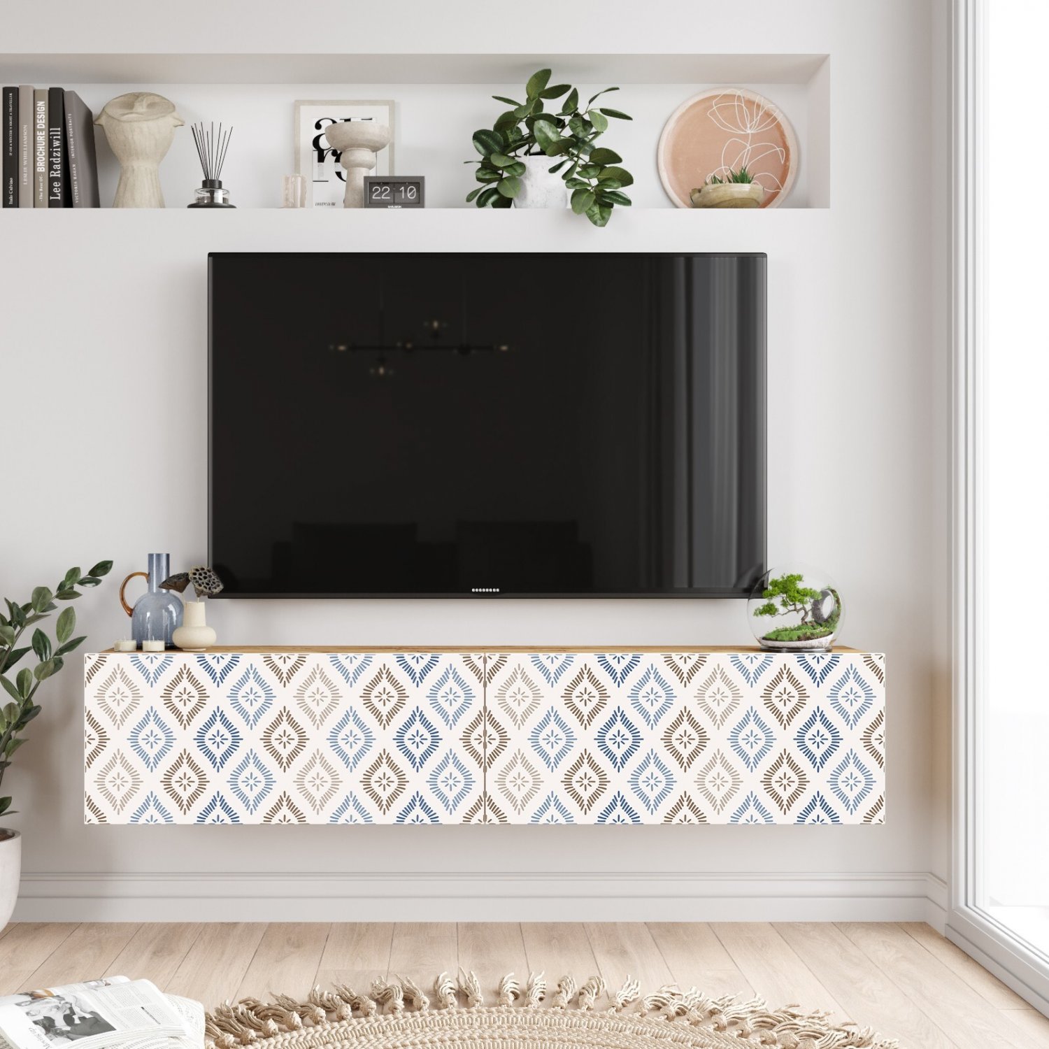 Future TV Unit Pine-White UV Print 55 inches Floating Entertainment Center Conso