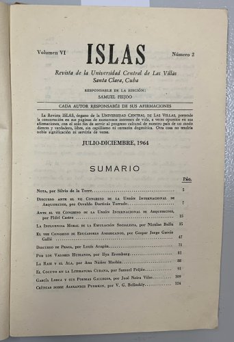 Samuel Feijoo. Islas. Numero 2, Volumen 6, Havana, 1964. ZLO000363